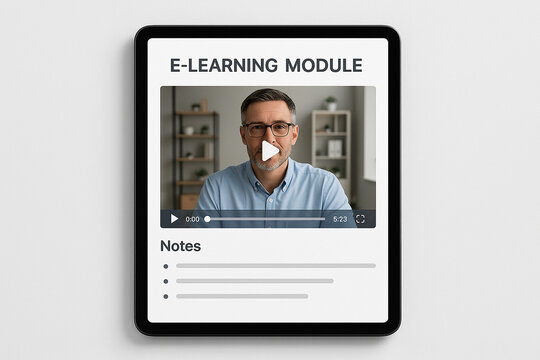 E Learning Module Tablet Displaying Middle Aged Man Video Notes Section elearning