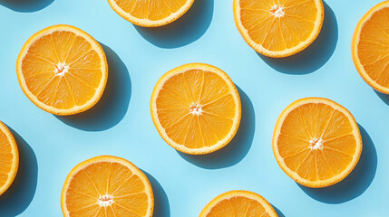 Fototapeta premium Orange slices are scattered across a bright blue background, creating a vibrant and refreshing pattern with strong shadows.