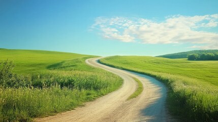 Serene Countryside Road Winding Through Lush Green Fields Under a Blue Sky