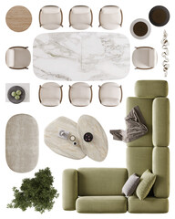 Modern Dining room Layout Elements- Transparent Background, Top View