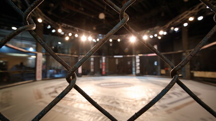 An empty MMA octagon in the center of a dimly lit arena, with spotlights casting dramatic shadows across the mat, the chain-link fence surrounding the ring.
