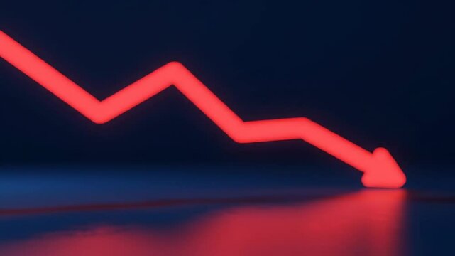 Financial red trend line arrow moving downward, indicating an economic crash. 3D digital stock market data visualization for investment analysis footage.