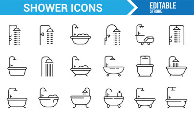 Minimalist Shower Icons Set: Showerheads, Bathtubs, and Water Flow