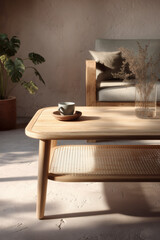 Stylized interior with wooden table, cup, vase, and cozy couch in natural light. Minimalist design.