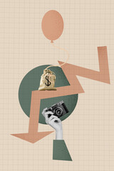 Vertical pop sketch 3d collage of business human hand point dollar inflation currency regress arrow...