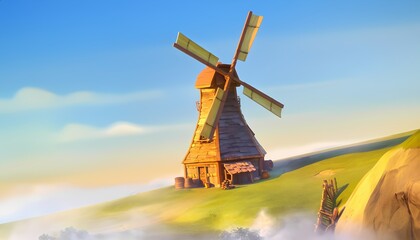 Obraz premium Wooden windmill stands tall on sunny hill under blue sky