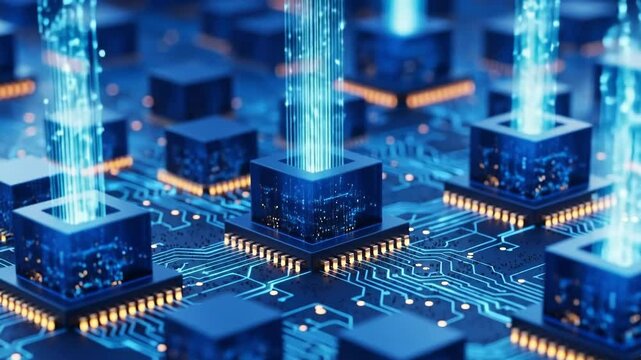 Data streams flow into a central processing unit on a complex circuit board