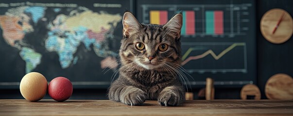 Adorable Cat Sitting in Front of Charts and Balls on a Desk
