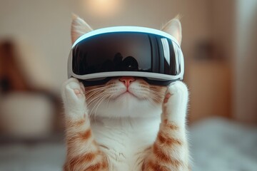 Adorable Cat Wearing Virtual Reality Headset in a Cozy Indoor Setting