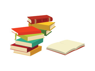 set of random colorful books placed on each other and one book are open white background