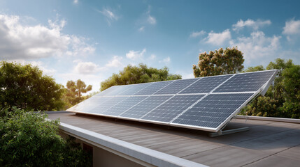 Rooftop Solar Panels: Clean Energy for Sustainable Home, perfect for use in eco-friendly campaigns, real estate listings highlighting energy efficiency, climate change initiatives.