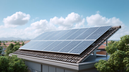 Fototapeta premium Residential Solar Power System under a Bright Sky. Perfect for advertisements for solar companies, environmental reports, architectural designs, articles on green living, eco-friendly campaigns.