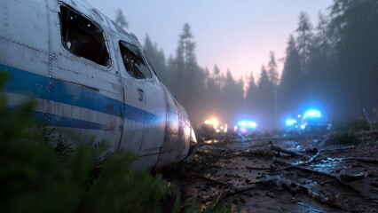 A dramatic wide-angle scene of a crashed airplane in a remote forest clearing, fuselage broken but intact, scattered debris around, light fog and emergency rescue lights in the distance.