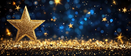 Golden Star Surrounded by Glitter Against a Sparkling Blue Background