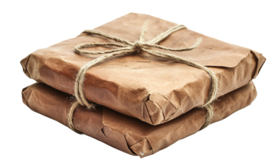 Vintage wax-sealed packages tied with string for old-fashioned delivery isolated on transparent background.