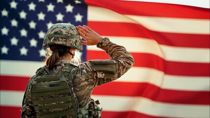 A female American soldier in modern combat gear salutes the flag, honoring the pride and sovereignty of the nation on a bright day.