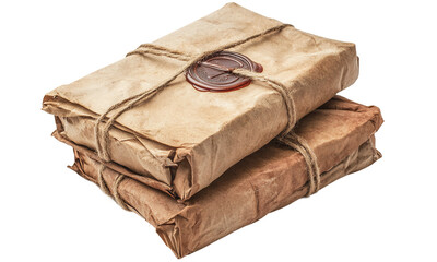 Vintage wax-sealed packages tied with string for old-fashioned delivery isolated on transparent background.