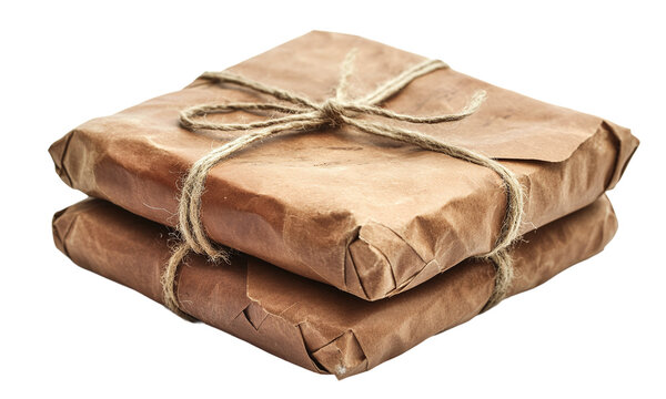 Vintage wax-sealed packages tied with string for old-fashioned delivery isolated on transparent background.