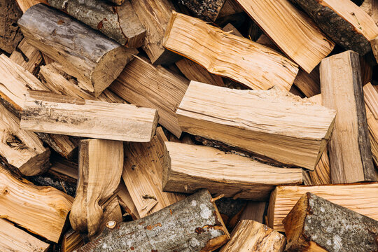 Stack of split firewood logs ready for use