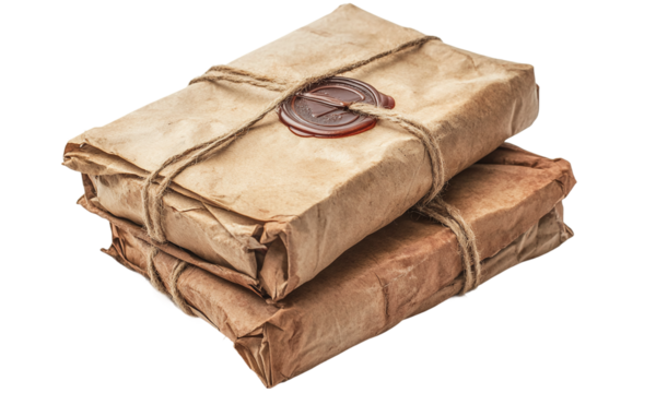 Vintage wax-sealed packages tied with string for old-fashioned delivery isolated on transparent background. - Powered by Adobe