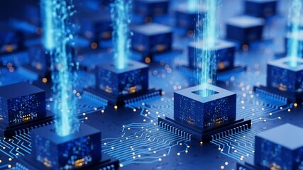 Abstract digital data streams flow into glowing blue computer processors on a circuit board - Powered by Adobe