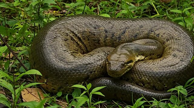 Green Anaconda coiled in grass is a perfect representation of wildlife imagery