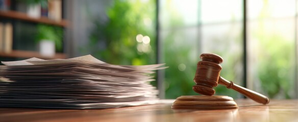 The gavel resting beside a stack of legal documents on a wooden desk.