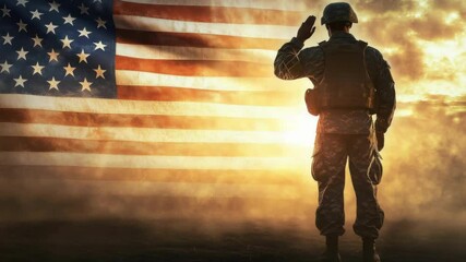 A solemn soldier stands at attention, saluting the American flag amidst a backdrop of fog and light, honoring national pride and remembrance.