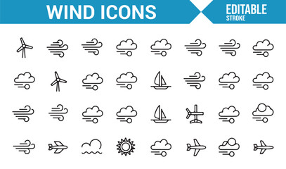 Fototapeta premium Set of Wind Icons: A Collection of Minimalist Line Drawings Representing Various Wind and Weather Symbols, Including Wind Gusts, Clouds, Airplanes, and Weather Patterns in Simple, Clean Design.