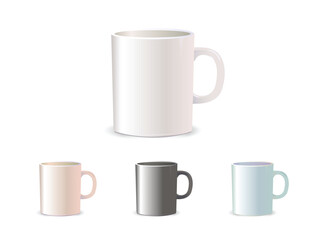 Cups color set. Colorful ceramic realistic mugs for different drinks collection, branding identity design. Pottery or porcelain utensil mockups, vector 3d isolated illustration