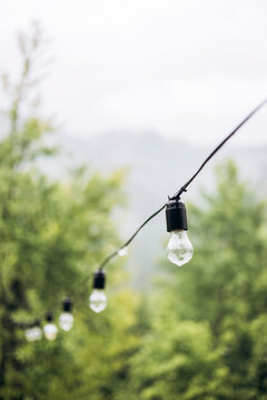 Light bulbs hanging on a rainy mountain morning