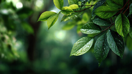 Fresh green leaves with water droplets in a blurry forest.