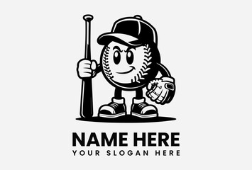 A cartoon baseball stands ready with bat and glove, a logo design.
