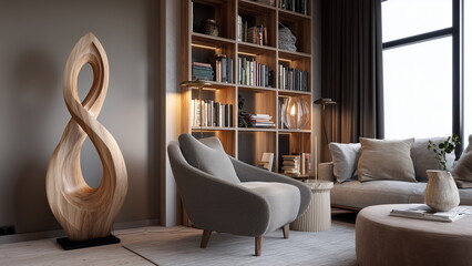 A cozy living room with earth-tone furniture and a tall abstract wood sculpture positioned beside a bookshelf, organic curves and grain of the sculpture.