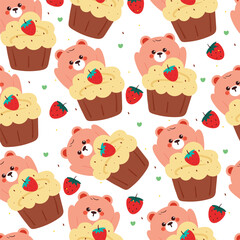 cute drawing cartoon bear with cupcakes seamless pattern. animal pattern in white background for wallpaper