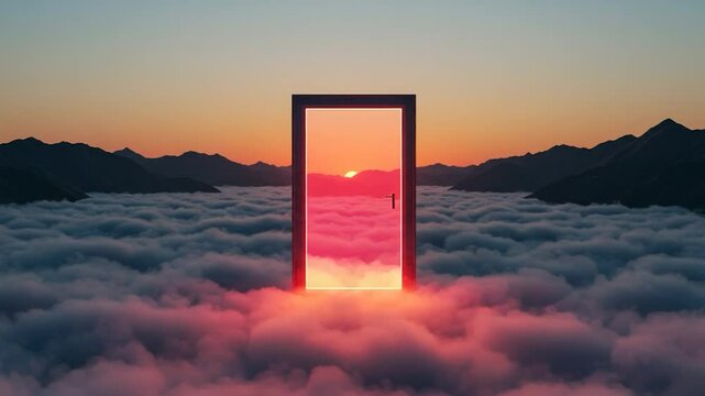 Doorway to sunset above the clouds dreamlike landscape scenery conceptual opportunity hope