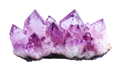 Pink crystal clusters amethyst gemstones natural mineral isolated on transparent background.