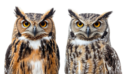 Majestic owls with sharp eyes and detailed feathers forest raptors isolated on transparent background.