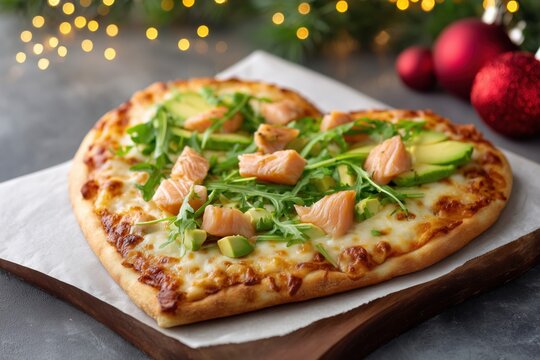 Heart-shaped salmon avocado pizza for romantic Christmas dinner  - Powered by Adobe