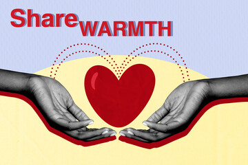 Creative 3D photo collage trend artwork template of two hand hold showing heart share warmth...