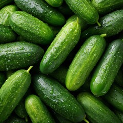 Fresh green cucumbers covered in water droplets