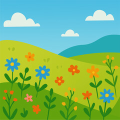 Obraz premium Landscape with Wildflowers and Blue Sky