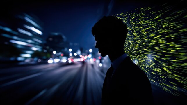 Silhouette of person at night, city lights blurring