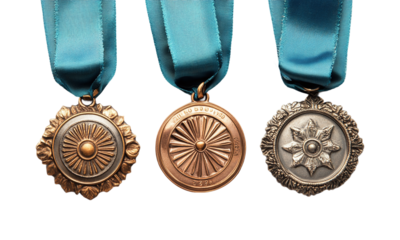 Decorative vintage medals with blue ribbons showcasing awards isolated on transparent background.