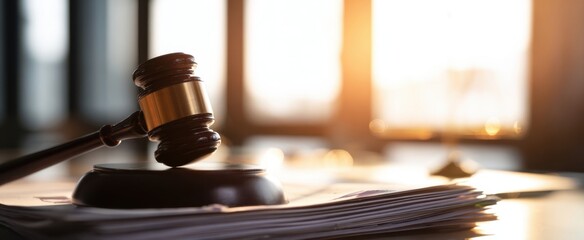 The gavel resting on legal documents under warm sunlight.