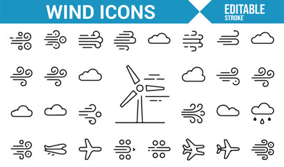 Line Art Icons for Wind and Weather: Clouds, Gusts, and Airplane Symbols