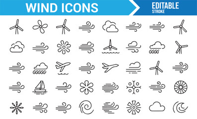 Vector Icons Representing Wind Gusts, Weather Patterns, and Airplanes