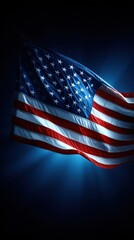 American flag waving in dark blue light