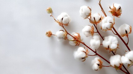 Cotton branch with fluffy white bolls arranged on a plain surface during daylight
