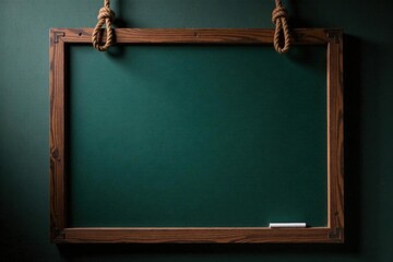 Obraz premium Antique blackboard with dark wooden frame, suspended by thick ropes , rustic, blackboard